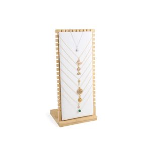 Repérez un collier, un bracelet, un porte-bijoux en forme de L en bambou et en bois simples et à la mode, une exposition verticale de bijoux en lin, un rangement et une exposition – Image 5