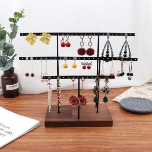 Porte-boucles d'oreilles en fer forgé, présentoir pour boucles d'oreilles à fond rond, porte-bijoux en métal, porte-boucles d'oreilles en hêtre, porte-bijoux en noyer. – Image 3