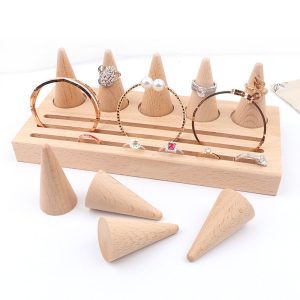 Porte-bijoux en bûche présentoir à bagues en hêtre porte-bagues en cône présentoir, porte-cartes pour boucles d'oreilles – Image 2