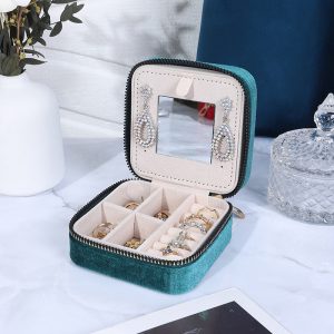 Boîte de rangement de bijoux en velours avec miroir de maquillage boîte à bijoux grille anti-poussière boîte de rangement portable boîte à bijoux à fermeture éclair – Image 10