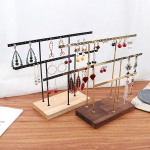 Porte-boucles d'oreilles en fer forgé, présentoir pour boucles d'oreilles à fond rond, porte-bijoux en métal, porte-boucles d'oreilles en hêtre, porte-bijoux en noyer. – Image 4