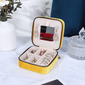 Boîte de rangement de bijoux en velours avec miroir de maquillage boîte à bijoux grille anti-poussière boîte de rangement portable boîte à bijoux à fermeture éclair – Image 7
