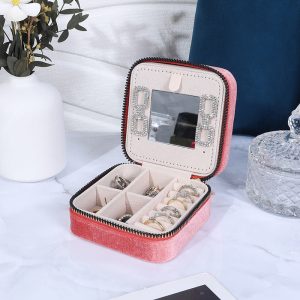 Boîte de rangement de bijoux en velours avec miroir de maquillage boîte à bijoux grille anti-poussière boîte de rangement portable boîte à bijoux à fermeture éclair – Image 6