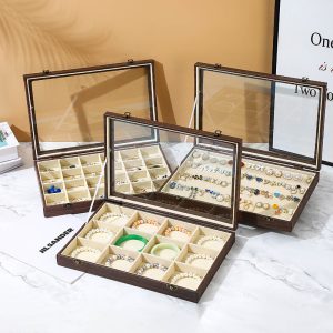 Boîte à bijoux à couvercle transparent transfrontalier, plaque à bijoux pour collier et boucles d'oreilles en noyer, boîte à bijoux de rangement à domicile. – Image 1