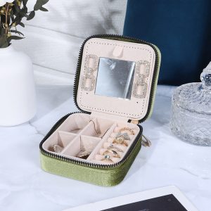 Boîte de rangement de bijoux en velours avec miroir de maquillage boîte à bijoux grille anti-poussière boîte de rangement portable boîte à bijoux à fermeture éclair – Image 8