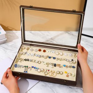 Boîte à bijoux à couvercle transparent transfrontalier, plaque à bijoux pour collier et boucles d'oreilles en noyer, boîte à bijoux de rangement à domicile. – Image 4