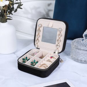 Boîte de rangement de bijoux en velours avec miroir de maquillage boîte à bijoux grille anti-poussière boîte de rangement portable boîte à bijoux à fermeture éclair – Image 5