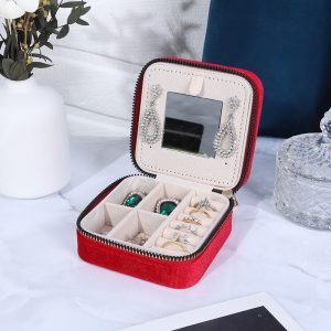 Boîte de rangement de bijoux en velours avec miroir de maquillage boîte à bijoux grille anti-poussière boîte de rangement portable boîte à bijoux à fermeture éclair – Image 9