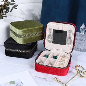 Boîte de rangement de bijoux en velours avec miroir de maquillage boîte à bijoux grille anti-poussière boîte de rangement portable boîte à bijoux à fermeture éclair – Image 2