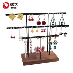 Porte-boucles d'oreilles en fer forgé, présentoir pour boucles d'oreilles à fond rond, porte-bijoux en métal, porte-boucles d'oreilles en hêtre, porte-bijoux en noyer. – Image 2